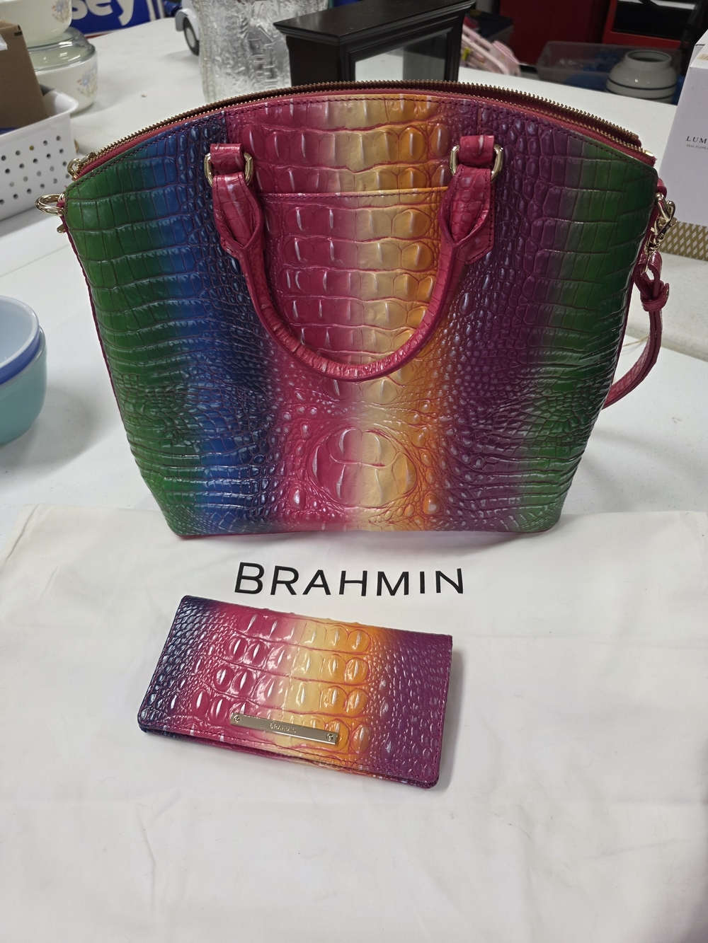 Brahmin Rainbow Ombre Croc-Embossed Tote — Pink, Green, Blue, Gold
